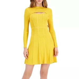 Hugo Boss Cutout Dress Womens XS Yellow Ribbed Stretch Fit Flare Long Sleeve